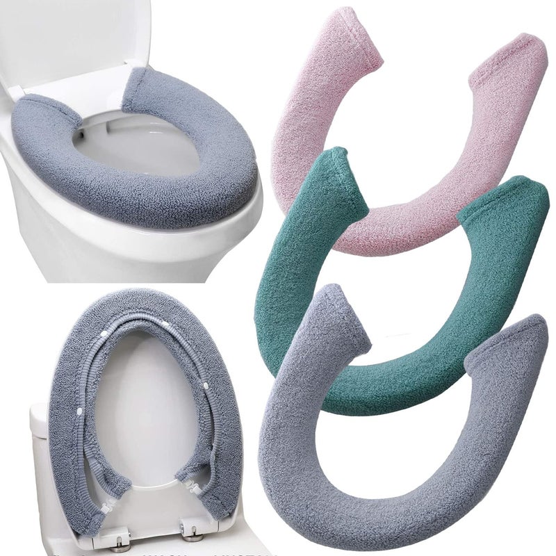 Guojanfon 3Pack Toilet Seat Cover,Bathroom Soft Thicker Warmer with Snaps Fixed Stretchable Washable Fiber Cloth Toilet Seat Covers Pads (Gray,Pink,Green) - Image 1